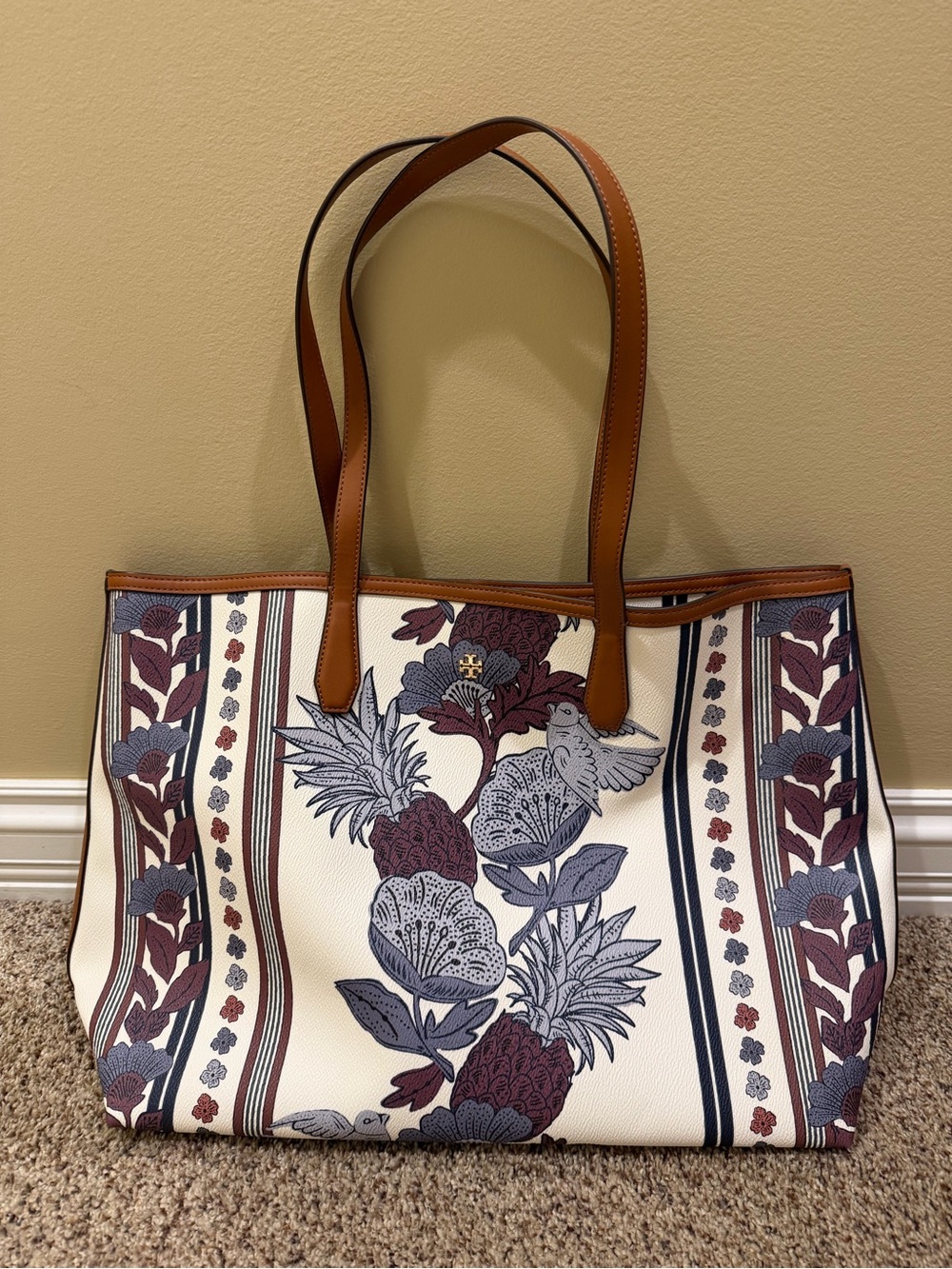 Tory Burch Floral Print Cream Tote with Brown Handles